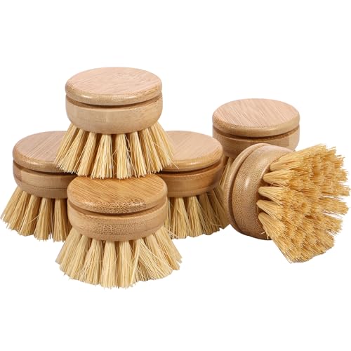 6pcs Bamboo Dish Brush Replacement Heads, Wooden Dish Brushes for Cleaning – Kitchen Wood Dish Scrubbers Washing Up Brush Heads – Natural Bristle Brush Refills for Dishes, Pots – Eco Friendly