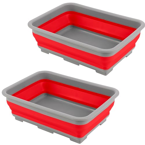 Collapsible Bucket for Cleaning 2-Pack - 7.27L Foldable Wash Bin Dish Tubs - Collapsible Wash Basin or Camping Sink Set for Beach, Tailgating or Soaking Laundry - Cleaning Supplies by Wakeman (Red) - color: Red, size: 2-Pack