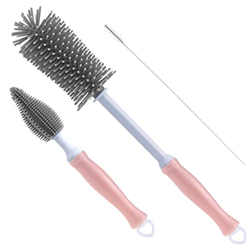 Silicone Cleaning Brush, 12" Long Handle Water Bottle Cleaner for Baby, Sports, Vase, Glassware, and Smaller Diameter Openings - color: Pink