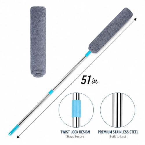 Flexible Flat Duster with Extendable Handle, Microfiber, for Under Furniture, Beds, Fridges, with 2 Washable Pads