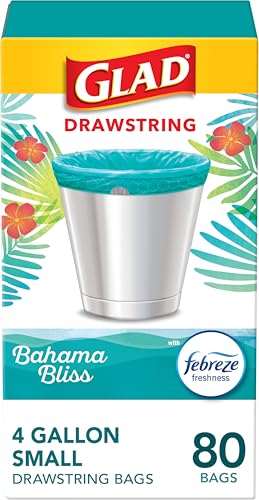 Glad Small Trash Bags, Great for Office, Bathrooms and Bedroom Bins, Bahama Bliss Scented Garbage Bags, Odor Resistant with Drawstring, Febreze Freshness, 4 Gallon Trash Bags, 80 Count - size: 80 Count (Pack of 1)