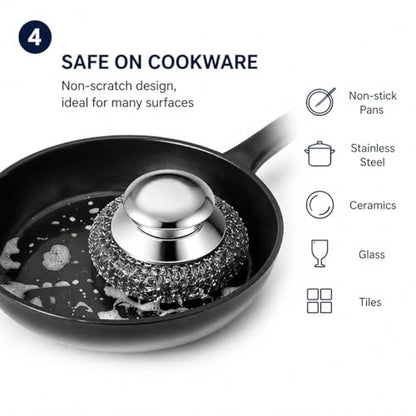 Steel Wool Scrubber, 6-Pack Stainless Steel Scrubber Pads with Handle - The Ultimate Scouring Solution for Rust, Stubborn Messes on Cookware, Grill, Oven & Kitchen Sinks - size: 2 Handle+4 Pads