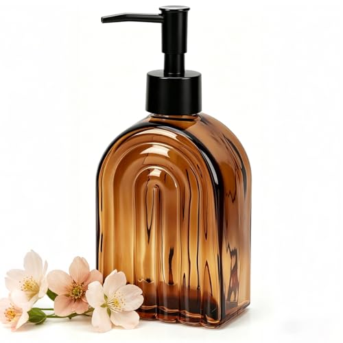 Amber Glass Soap Dispenser with Plastic Pump, 13.5Oz Refillable Liquid Farmhouse Soap Dispenser for Hand and Dish Set for Bathroom Countertop Decor - color: Amber B