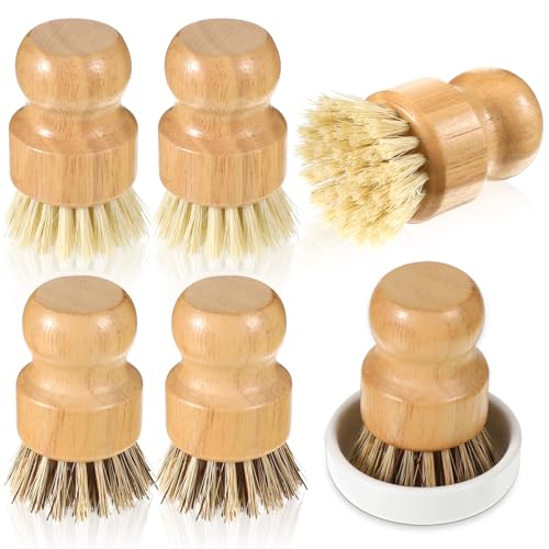7 Pcs Bamboo Scrub Brushes Set, Kitchen Dishwashing Scrubber with Natural Sisal/Palm Bristles, Round Mini Dish Brush with Ceramic Holder, for Kitchen Sink Pans Pots Vegetables Cleaning