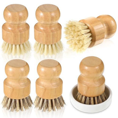 7 Pcs Bamboo Scrub Brushes Set, Kitchen Dishwashing Scrubber with Natural Sisal/Palm Bristles, Round Mini Dish Brush with Ceramic Holder, for Kitchen Sink Pans Pots Vegetables Cleaning