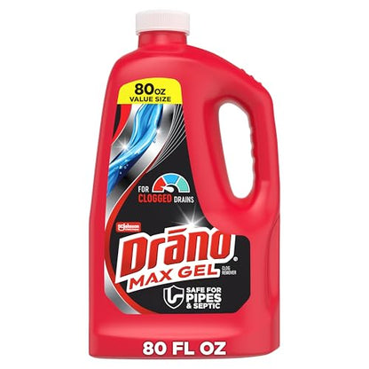 Drano Max Gel Drain Clog Remover & Cleaner, Fast-Acting to Unclog Standing Water & Remove Hair, Grease & Food Blockages, Safe for all Pipes & Septic, Kitchen Sinks, Bathroom Showers & Tubs, 80 Oz - size: 80 Fl Oz (Pack of 1)