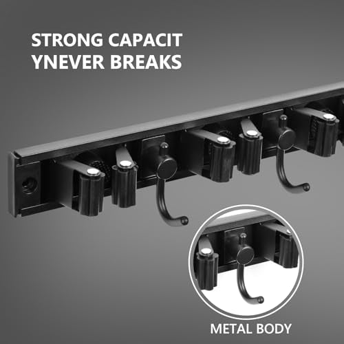 YA MI Mop holder, broom holder, stainless steel wall hanging tool storage device with 3 hooks in 3 positions, suitable for home bathrooms, kitchens, and gardens