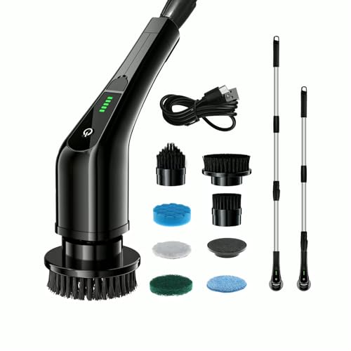 Generic Electric Spin Scrubber Cordless Cleaning Brush, Shower, Bathroom, Kitchen Cleaning Brush with 7 Replaceable Brush Heads, Power Scrubber, Adjustable Speed, Adjustable Extension Handle Black