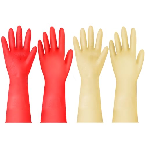 Rubber Cleaning Gloves for Dishwashing - 4 Pairs Kitchen Gloves for Washing Dishes, Reusable Household Gloves for Bathroom, Gardening (Small, Red & Beige, 2 Pairs of Each Color) - color: 4 Pair Yellow & Red, size: Small
