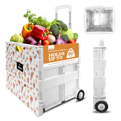 Inspired Living Ultra-Slim Rolling Collapsible Storage Pack-N-Roll Utility-carts, with Telescopic Handle, for Home, Garden, Shopping, Office, School use, Large, White, Cocktail Print - color: Cocktail Print