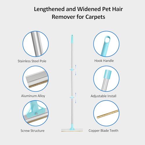Carpet Rake for Pet Hair Removal, 3-Section Rake to Fluff Matted Rug & Remove Dog Cat Hair, Deep Clean Tool for Stairs, Furniture, Couch & Car Seats, Reusable & Easy Storage - color: Blue Adjustable