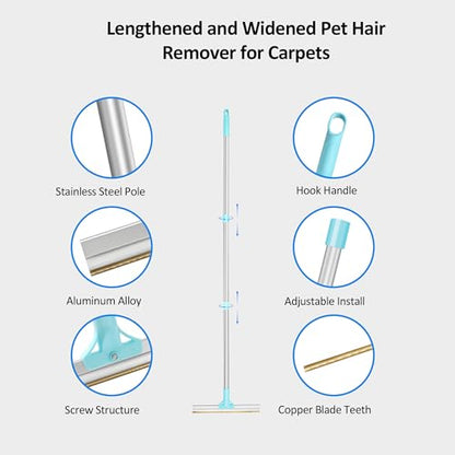 Carpet Rake for Pet Hair Removal, 3-Section Rake to Fluff Matted Rug & Remove Dog Cat Hair, Deep Clean Tool for Stairs, Furniture, Couch & Car Seats, Reusable & Easy Storage - color: Blue Adjustable