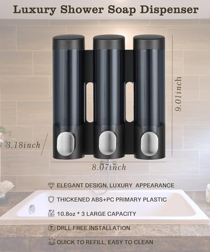 RANKADO Luxury Shower Soap Dispenser 3 Chamber No Drill,Soap Shampoo Conditioner Dispenser Bathroom Wall Mounted with Labels Hotel RV,Black - color: 320ml X 3（black）