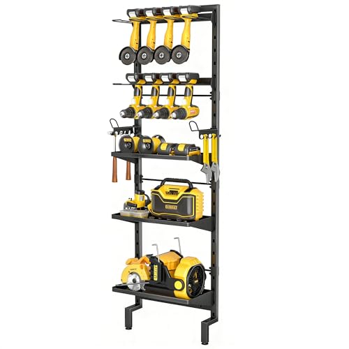 BUKFEN Garage Tool Storage Rack, Wall Mount 5-Tier Heavy Duty Metal Organizer with 8 Drill Holder Slots, Adjustable Shelves, Side Hooks Workshop Utility 1 Pack Black Vertical Space-Saving