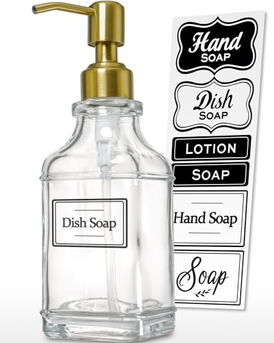 JASAI Antique Square Glass Soap Dispenser with Golden Rust Proof Pump, Refillable soap Dispenser with 10Pcs Stickers for Kitchen, Dish Soap Dispenser for Kitchen Bathroom Soap, Hand soap, Lotion. - color: 1 Pack Golden