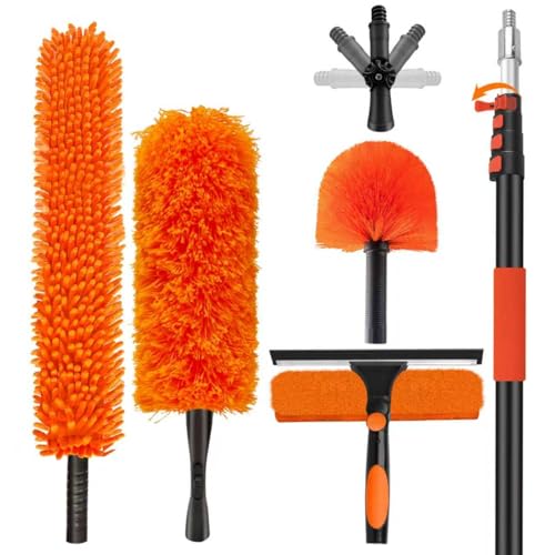 26FT High Reach Duster with Extension Pole 5-20FT, 4-in-1 Cleaning Kit with Universal Swivel Joint | High Ceiling Fan Cleaner, Cobweb Duster & Window Squeegee for Safe High-Reach Cleaning - size: 20FT Pole