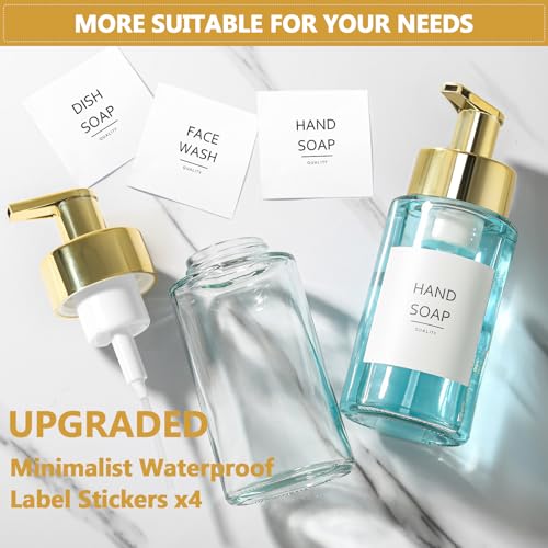 RYTOXILO Foaming Soap Dispenser, 10 oz/300ml Gold Soap Dispenser, 2 Pack Glass Foaming Hand Dispenser for Bathroom & Kitchen, Clear Refillable Foam Bottle with Waterproof Labels - color: Clear Bottle, size: 10 Fl oz with Gold Pump