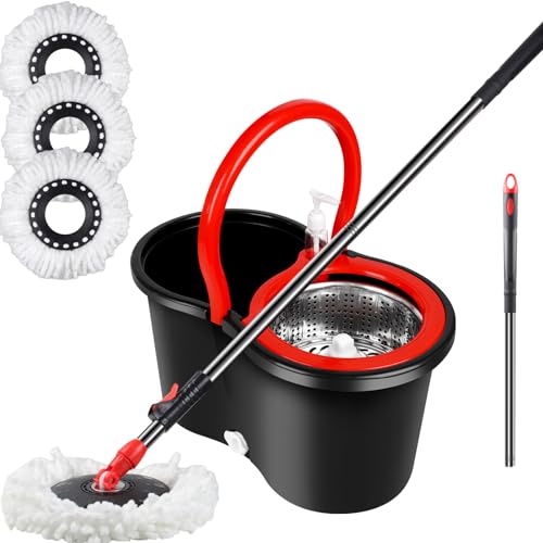 Spin Mop and Bucket with Wringer Set, 360° Spinning Mop Bucket System with 3 Microfiber Mop Replacement Heads, Adjustable Handle for Floor Cleaning (Black) - color: Black