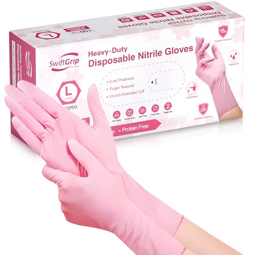 SwiftGrip Disposable Nitrile Dishwashing Gloves, Extended 12 Inches Cuff, 6-mil, Cherry Blossom Cleaning Gloves, Latex-Free - size: Small