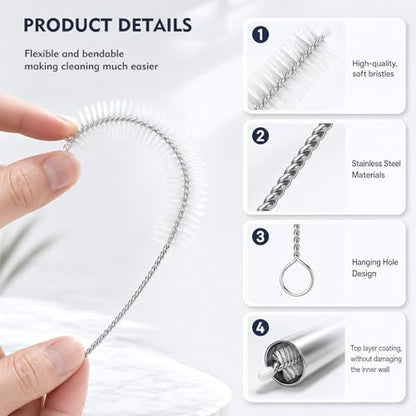 14 Pack Straw Cleaner Brush Set, 8 Inch and 12 Inch Multi-Size Flexible Nylon Cleaning Brushes, Rust-Proof Stainless Steel for Tumbler Cup, Sippy Cup, Water Bottle and Pipe