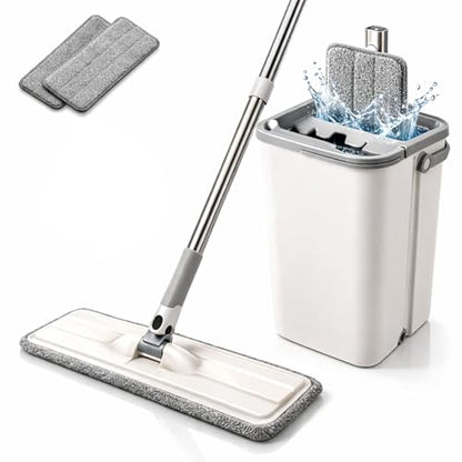 Mop and Bucket Set Self Wringing System – Separate Clean & Dirty Water, 360° Rotating Flat Mop, 2 Reusable Microfiber Pads, Hands Free Wet & Dry Cleaning for Hardwood Tile Laminate – Vallary