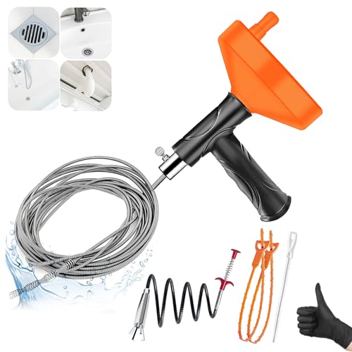 Drain Snake Auger, 33 FT Plumbing Snake Drain Hair Clog Removal Tool, Sink Unclogger Drain, Heavy Duty Snake Auger, Cleaner Tool for Bathroom Kitchen Tub Shower Drain Clog Remover with Gloves