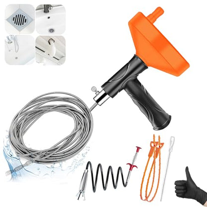 Drain Snake Auger, 33 FT Plumbing Snake Drain Hair Clog Removal Tool, Sink Unclogger Drain, Heavy Duty Snake Auger, Cleaner Tool for Bathroom Kitchen Tub Shower Drain Clog Remover with Gloves