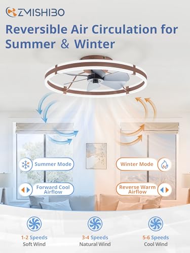 ZMISHIBO 24 Inch Ceiling Fans with Lights and Remote, Modern Low Profile Ceiling Fan, 3000-6000K Dimmable Flush Mount LED Fan Light, 6 Wind Speeds, Fandelier Ceiling Fans for Bedroom- Brown - color: Brown, size: 24 INCH