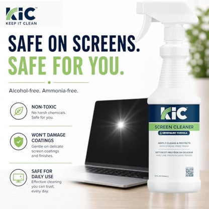 KIC CrystalVu Screen Cleaner Spray Kit with Microfiber Cleaning Cloth – Streak-Free for TV, Phone, Laptop, Monitor & Tablet – NSF Certified Safe Formula – 2 Reusable Microfiber Towels - 32oz - size: 32oz