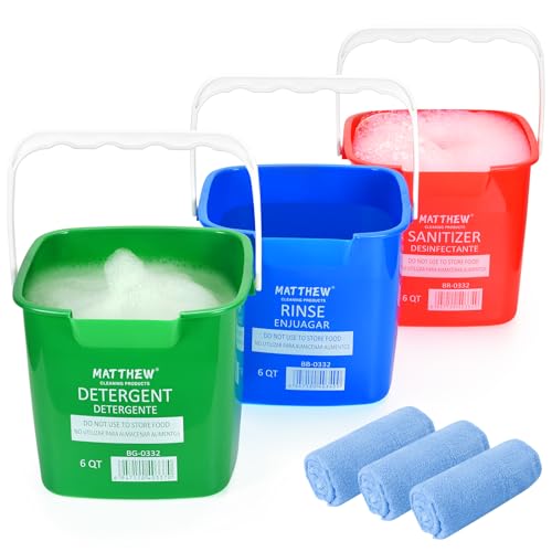 Matthew Red&Green&Blue Detergent and Sanitizing Cleaning Bucket 6 Quart Cleaning Pail,Set of 3 Square Containers,Built-In Spout w/Handle,Wash Rinse Sanitize Handwash Bucket,Incl.3Pcs Microfiber Cloths - color: Red&green&blue, size: 6 Quarts-3Pack