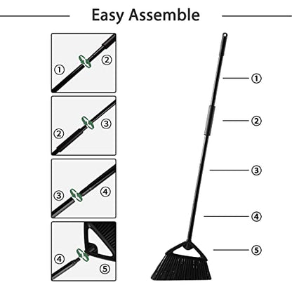 Eyliden Commercial Angle Broom and Dustpan Combo, with Long Handle and Lid, Lobby Dust Pan Sweep Set for Outdoor Garages Courtyard Sidewalks Decks Indoor Home Kitchen Room Office (Black Broom+Dustpan)
