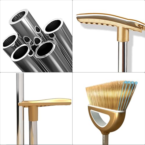 Broom and Dustpan Set, Long Handle Broom with Stand Up Dustpan Combo Set, Light Weight Stainless Steel Poles Stand Upright Dustpans and Broom Set, Broom with Dustpan for Home Kitchen Room - color: White