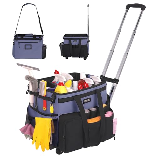 JKAOO Large Rolling Cleaning Caddy Bag with Detachable Trolley, Denim Blue | Waterproof Cleaning Caddy with Wheels, 40L Wheeled Organizer Cart for Supplies, Housekeepers, Home, Office, Car, Picnic - color: Denim Blue