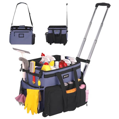 JKAOO Large Rolling Cleaning Caddy Bag with Detachable Trolley, Denim Blue | Waterproof Cleaning Caddy with Wheels, 40L Wheeled Organizer Cart for Supplies, Housekeepers, Home, Office, Car, Picnic - color: Denim Blue
