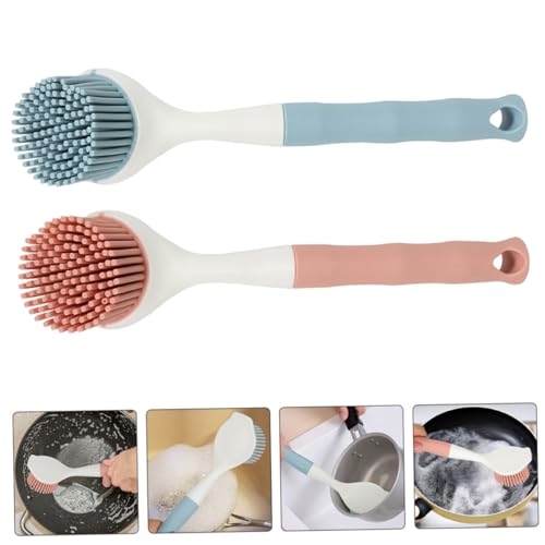 2Pcs Kitchen Dish Scrubber Brush Set Non-Scratch Silicone Pot Brush with Long Comfortable Handle for Effective Oil and Stain Removal on Pans and Dishes