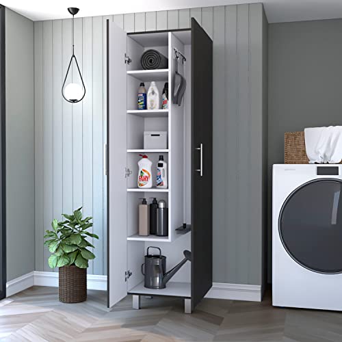 FM FURNITURE Norway Broom Closet Pantry, Five Shelves, Double Door Cabinet,Black/White -Kitchen Room
