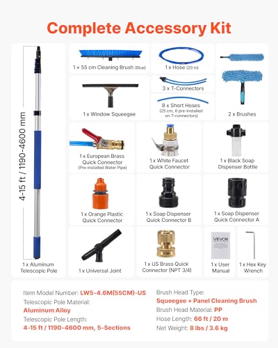 VEVOR Solar Panel Cleaning Kit, 15 ft, Water Fed Pole Kit with Cleaning Brush, Squeegee, Soap Dispenser, Extendable Aluminum Telescopic Pole, 180° Rotatable Brush Head, for Roof Mounted Solar Panels - size: 15 Ft