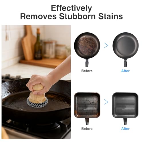 Cast Iron Scrubber and Scraper,Chain Mail Cleaner with Bamboo Handle & Draining Tray,316 Stainless Steel Brush for Cleaning Pots,Pans,Wok,Bakeware,Griddles, Grills(Small&Large ChainMail,2pcs) - size: Small + Large Chain Mail 2pcs