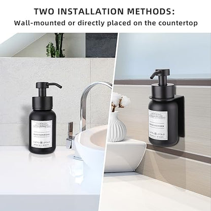 Black Glass Soap Dispenser Wall Mount for Bathroom with Pump and Drill-Free Holders - 8.5 Oz Hand Soap Dispenser, Shower Dispenser with Waterproof Labels | Heavy-Duty & Rust-Proof: Stainless steel pump & bracket, thick glass bottle, leak-resistant & smoot