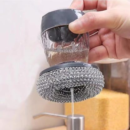 Dish Brush with Soap Dispensing, 2 Pack Kitchen Brush with Holder for Pot Pan Dish Stove Grill Sink Bathtub Tile Household Cleaning, Scrubber Press Automatic Liquid Wash Pots, with 3 Replacement Pads - color: Grey - Plastic+pet
