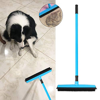 Pet Hair Remover Broom and Rubber Lint Brush Combo Telescopic Handle 26.8 to 47.2 Inches for Dog and Cat Fur Removal Carpet and Hardwood Floor Cleaning Washable Durable Blue Red (Blue) - color: Blue