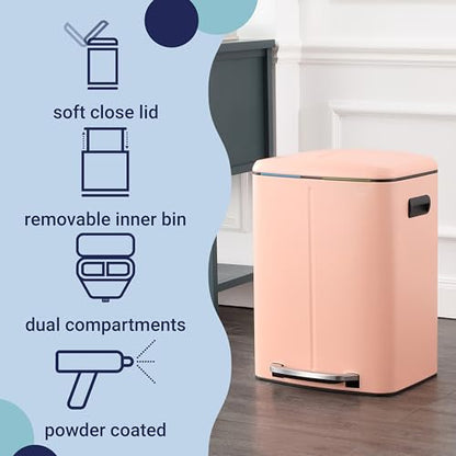 happimess HPM1005G Marco Rectangular 10.6-Gallon Double Bucket Trash Can with Soft-Close Lid, Flamingo Pink, Fingerprint Resistant, Modern, Minimalistic for Home, Kitchen, Office, Bedroom, Bathroom - color: Flamingo Pink
