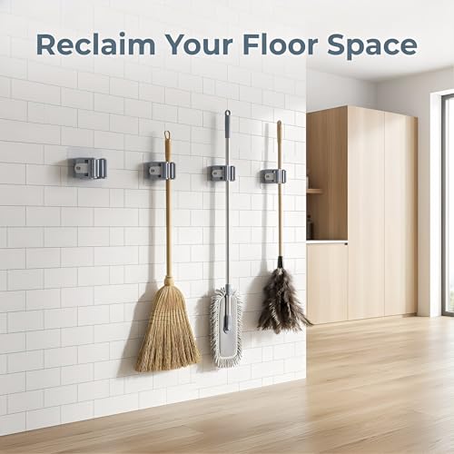 5pcs Strong Adhesive Wall Mount No-Drill Mop & Broom Holder-Gray - color: Gray