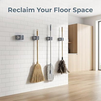 5pcs Strong Adhesive Wall Mount No-Drill Mop & Broom Holder-Gray - color: Gray