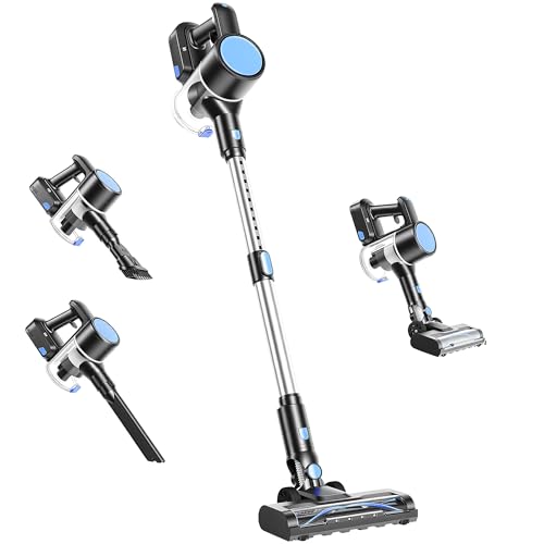 OLIXIS Cordless Vacuum Cleaner with Flexible Steering & Extendable Pole,3 Brush Heads, Lightweight Wireless Rechargeable Upright Vacuum with LED Light & Wall Mount for Hardwood Floors & Carpet - color: New Blue Silver