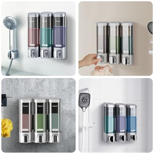 3 in 1 Wall Mounted Shower Dispenser, 3 x 10 oz Shampoo Body Wash Conditioner Pump Dispenser, No Drill for Bathroom & Kitchen - color: Silver