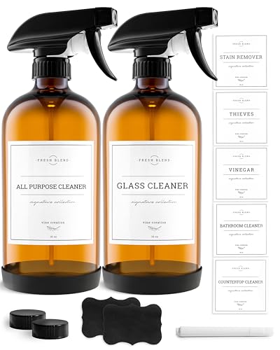 Vine Creations Amber Glass Spray Bottles, 2 Pack Glass Refillable Bottles for Cleaning solutions, 16 oz Spray Bottle for Cleaning, Mister Spray Bottle, Amber Spray Bottles with Waterproof Labels - color: Amber Bottle / Black Nozzle