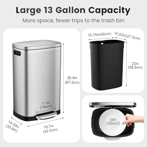 ELPHECO Kitchen Trash Can with Lid Soft Close,13 Gallon / 50L Stainless Steel Pedal Garbage Can, Heavy-Duty Fingerprint Proof Step Wastebasket with 20 Bags, Removable Bucket, Home Office, Silver - color: Silver