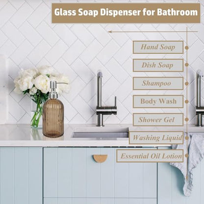14Oz Brown Soap Dispenser Bathroom, Clear Glass Hand Soap Dispensers with Stainless Steel Pump, Refillable Dish Soap Dispenser for Kitchen, Countertop Soap Dispensers - color: Brown