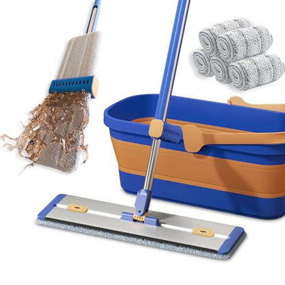 16.5" Self Wringing Flat Mop with Collapsible Bucket, Wet Dry Floor Cleaner System with 55" Long Handle, Foldable Bucket & 5 Microfiber Pads for Hardwood, Tile and Wall - size: New Mop & 5 microfiber mop pads & Folding bucket